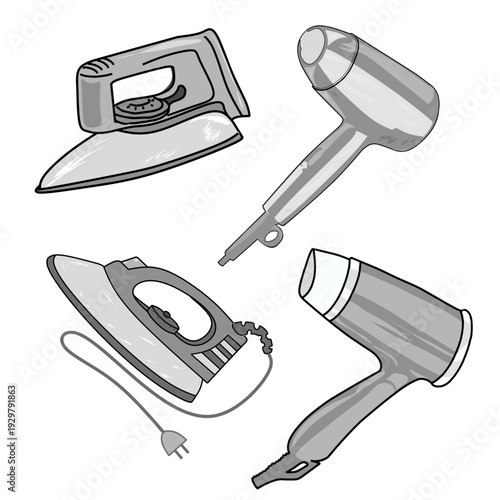 Set of household appliances vector illustration, iron and hair dryer equipment collection isolated on white background, simple flat home electronics design for domestic use graphics.