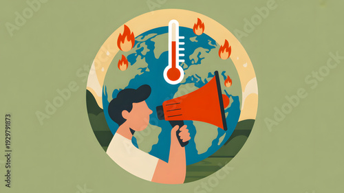 Man holding megaphone near earth with thermometer.