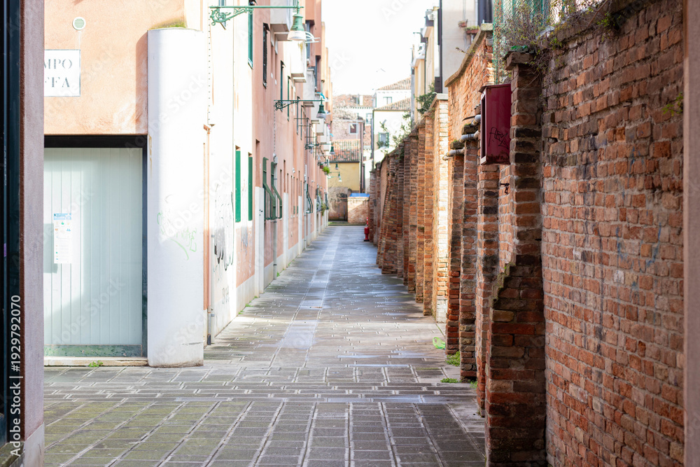 Fototapeta premium Narrow cobblestone alleyway lined with brick walls and buildings, featuring green window shutters and a clear blue sky in a historic European city