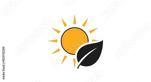 Bright sun and green leaf icon representing sustainable solar power, eco-friendly energy solutions, and natural balance