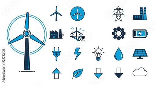 Modern energy concept icons Illustrating sustainable power generation, industrial efficiency, and environmental care
