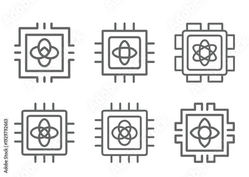 Set of icons depicting computer chips with complex geometric patterns inside