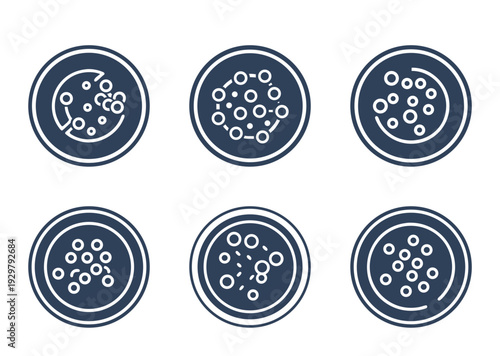 Set of six circular petri dish icons with distinct microbial arrangements