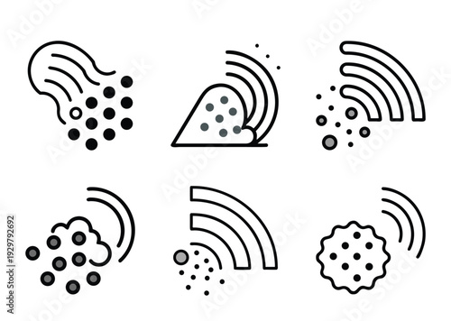 Six abstract illustrations depicting emissions, communication or pollution from different sources