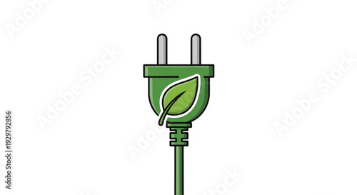 Green energy plug with leaf symbol representing eco-friendly electricity and sustainability