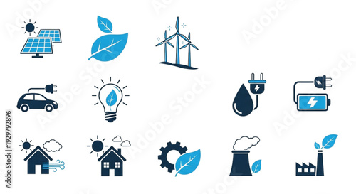 Set of vector icons representing renewable energy, electric vehicles, and sustainability