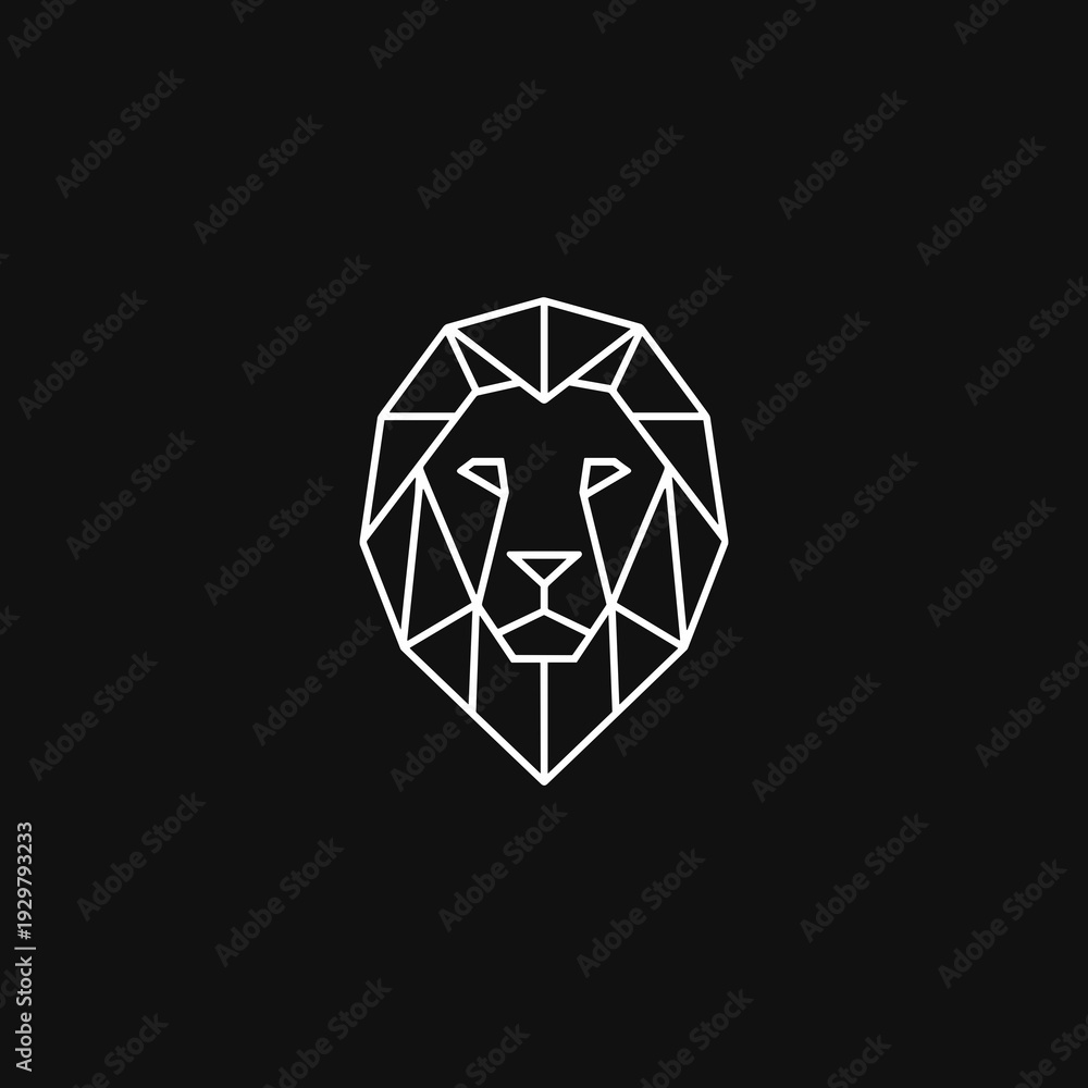 Fototapeta premium Clean geometric lion head created with sharp white vector lines on a deep black background. The symmetrical polygonal structure gives the design a modern, bold, and iconic appearance. Ideal for logos,