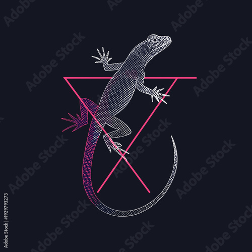 Modern dotted lizard illustration combined with a glowing pink geometric triangle on a deep navy background. The detailed reptile texture contrasts with sharp neon lines, creating a futuristic, synthw
