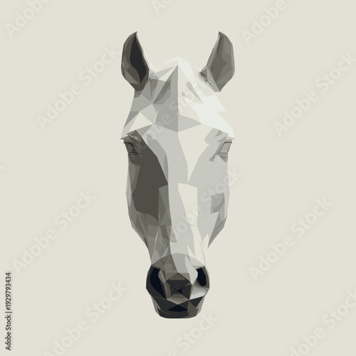 Front-facing low poly horse head designed with sharp geometric facets and balanced symmetry. Soft grayscale tones enhance depth and dimensionality while preserving a clean minimalist composition. Perf