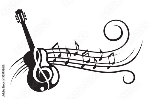 abstract emblem of guitar and music notes isolated on white background