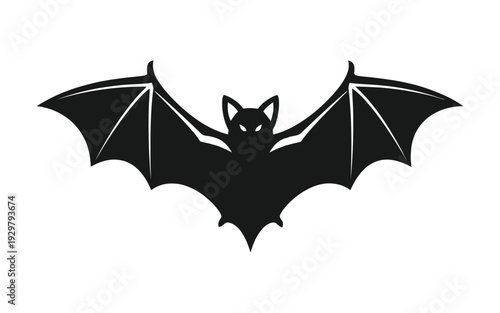 Black silhouette of a bat in flight against white background