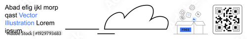 Cloud computing, digital technology, data transfer, online services, e-commerce, information sharing. Minimalist cloud icon, text QR code and box elements. Cloud computing and digital technology