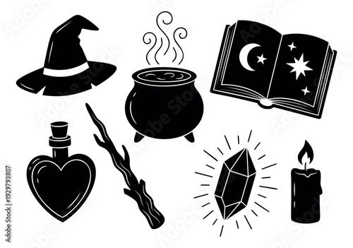 Hand drawn magic witchcraft set featuring a witch hat, cauldron, spellbook, and crystal for mystical designs