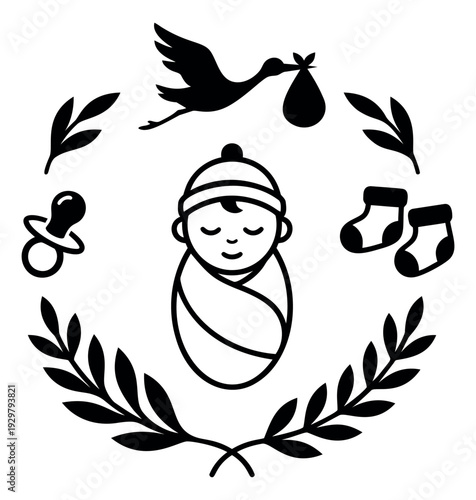 Line art newborn essentials set featuring a swaddled baby, flying stork, pacifier, socks, and a decorative wreath for baby arrival