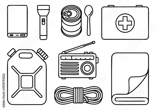Hand drawn line art emergency supplies set featuring essential items for disaster preparedness
