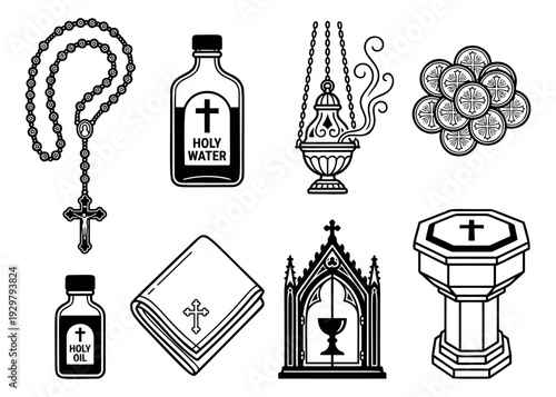 Line art christian symbols set featuring rosary, holy water, censer, and a baptismal font for religious worship