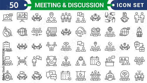 Meeting & discussion icon set. Featuring business, planning, discussion, conference, teamwork, workshop, schedule, presentation, interview, planning, collaboration and more icons.