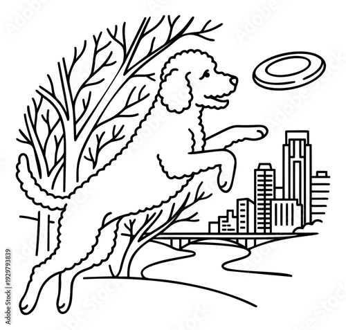 Hand drawn line art illustration of a dog depicting jumping to catch a frisbee for an urban outdoor setting