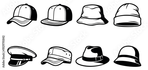 Hand drawn line art headwear set featuring various hats and caps for fashion and accessory designs