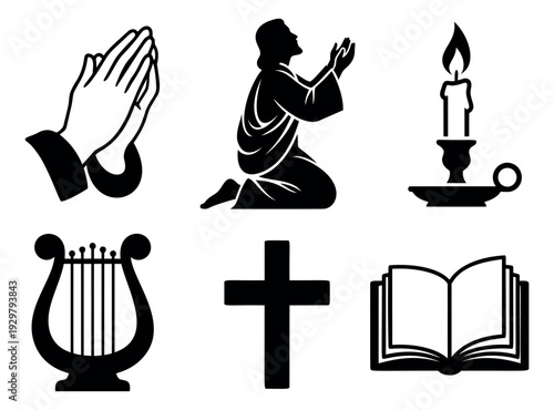 Silhouette and line art religious symbols set featuring praying hands, a kneeling figure, a candle, a lyre, a cross, and an open bible for faith and worship concepts