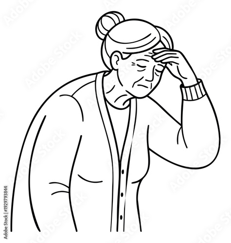 Line art illustration of an elderly woman depicting a headache for health and medical concepts