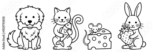 Cute hand drawn line art animal set featuring a dog, cat, mouse, and rabbit with their favorite treats for children