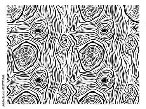 Hand drawn line art illustration of a seamless wood grain pattern depicting tree rings and bark texture for rustic backgrounds or natural decor