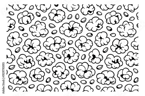 Hand drawn line art illustration of popcorn pattern depicting fluffy popped kernels and small corn seeds for snacking and cinema themes