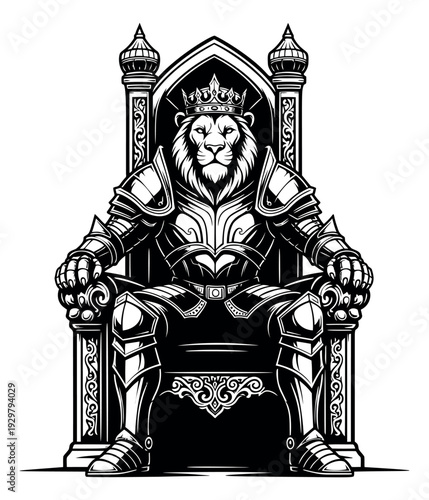 Stylized line art illustration of a lion king in armor on a throne depicting power and royalty for branding or fantasy themes