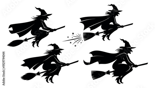 Graphic silhouette witches set featuring various flying poses on brooms for Halloween designs