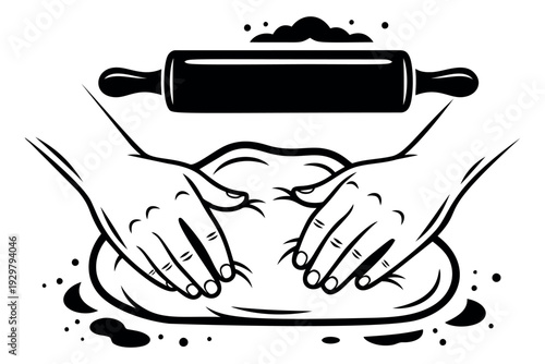 Hand drawn line art illustration of hands and dough depicting baking preparation for a bakery