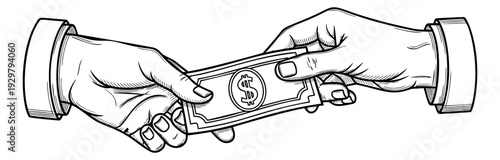 Hand drawn line art illustration of two hands depicting the exchange of a dollar bill for financial transactions