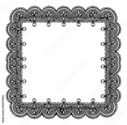Hand drawn line art illustration of a square lace frame depicting ornate floral patterns for elegant decorations