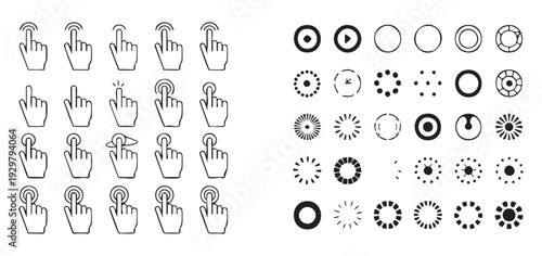 Set of hand cursor icons and loading indicator symbols for user interface design collection