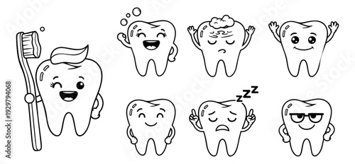 Hand drawn line art cartoon tooth character set featuring a toothbrush and various facial expressions for dental care awareness