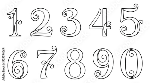 Hand drawn decorative line art numbers set featuring a full set of digits zero to nine for design projects