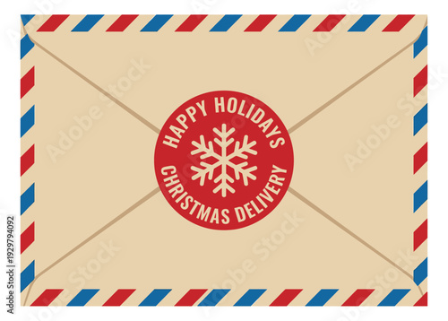 Vintage graphic illustration of an airmail envelope depicting a christmas delivery stamp with a snowflake for holiday season messages