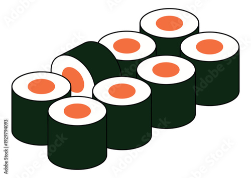 Minimal line art sushi maki set featuring various maki rolls with an orange center for restaurant menus and Japanese cuisine designs