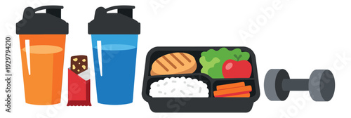 Modern flat design fitness and nutrition elements set featuring shaker bottles, a protein bar, a meal prep container, and a dumbbell for a healthy lifestyle and workout routine