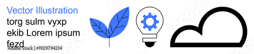 Technology, innovation, sustainability, eco-friendly concepts, cloud computing, renewable energy. Blue leaf, gear in lightbulb and cloud illustrations. Innovation and sustainability