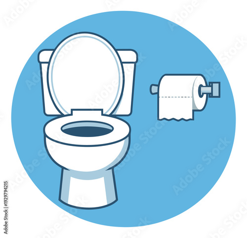 Line art bathroom set featuring a toilet and toilet paper for hygiene and sanitation