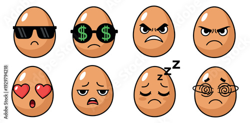 Cute cartoon egg character set featuring various facial expressions for humorous food content