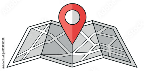 Graphic line art illustration of a folded map with a red location pin depicting a travel destination for navigation applications
