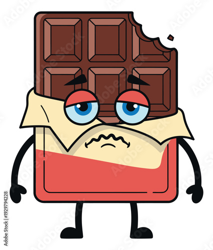 Cartoon line art illustration of a chocolate bar character depicting a tired and unwell expression for food, stress, or fatigue concepts