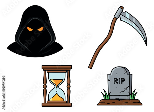 Cartoon line art death symbols set featuring a grim reaper head, scythe, hourglass, and tombstone for Halloween and mortality concepts