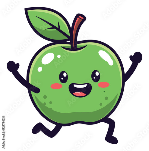 Cute cartoon illustration of a green apple character depicting running happily for healthy food promotions