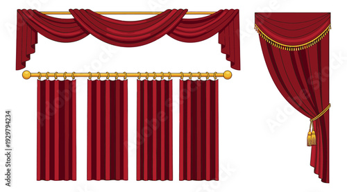 Decorative cartoon style curtains set featuring red drapery, a valance, and a tie-back curtain for home decor or theater