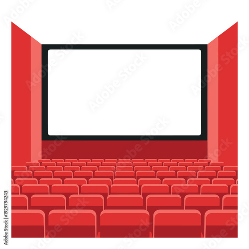 Flat design illustration of a cinema auditorium depicting a blank screen and empty red seats for movie screenings and events