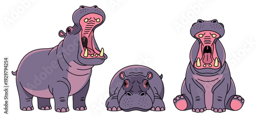 Cartoon hippo set featuring characters in standing, lying, and sitting poses for children's media