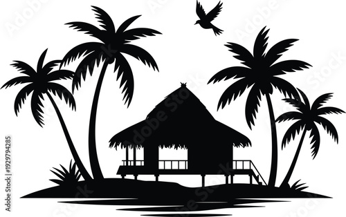Tropical island hut silhouette with palm trees and birds, exotic beach bungalow vector illustration isolated on white background